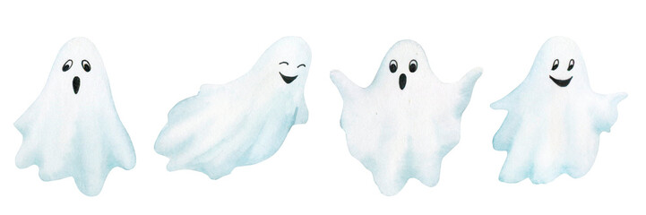 Funny ghosts. Set of watercolor elements for Halloween for the design of cards, invitations, posters, stickers, fabric, print..