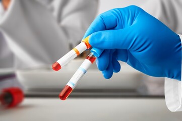 Researcher holding blood test tube infected with monkey pox virus. Doctor with a blood sample in a tube