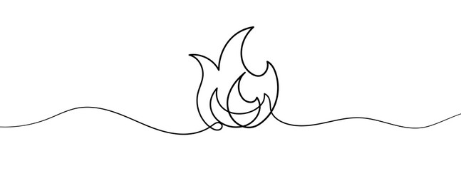 Continuous line drawing of fire. Flame linear icon. One line drawing background. Vector illustration.
