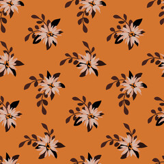 Seamless floral pattern, vintage ditsy print with decorative hand drawn plants. Cute botanical background with small flowers, leaves, bouquets in a rustic style. Vector illustration.