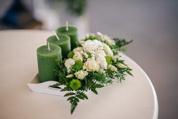 Beautiful wedding rose bouquet bunch and candles
