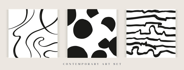Modern abstract pattern set. Contemporary trendy black and white print template. Minimalist vector set perfect for packaging design, web design, fabric, wallpaper, printing materials or social media.