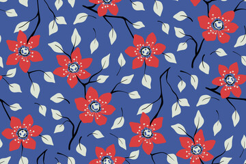 Fototapeta premium Seamless floral pattern, decorative art ditsy print with winter blooming branches. Abstract botanical arrangement with small red flowers, leaves, branches on a blue background. Vector illustration.