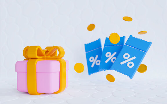 3d pink gift box and blue flying coupons with discounts  and gold coins on white tiles background. Voucher gift. A ticket with a percentage discount. 3d rendering illustration.