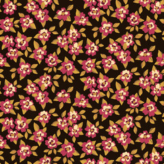Seamless floral pattern, vintage ditsy print with autumn botany. Elegant botanical surface design with small hand drawn flowers, leaves on a dark background. Vector illustration.