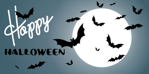Vector. Night, full moon and bats, horizontal banner, background. Colorful scary Halloween illustration. Halloween party invitation card mockup. Text design. Volumetric image.