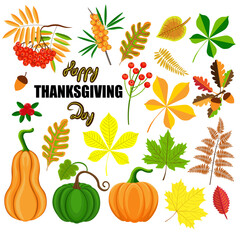 Clipart, hand drawn, 21 elements set, vector. Happy Thanksgiving Day, pumpkins, acorns, sea buckthorn, red berries, autumn leaves, isolated on white background.