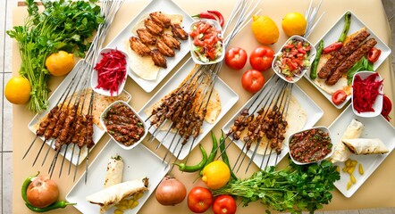 Delicious meat kebab with fresh vegetable salad served with variety of Turkish dishes and appetizers. Top view of assorted Turkish food and meze, tasty and healthy Mediterranean cuisine.