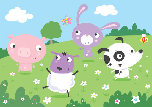 Cute cartoon vector illustration of a happy funny smiling rabbit pig sheep and dog running outside through a meadow of daisies with a butterfly fluttering.