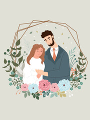 Wedding. The groom in a suit and the bride in a crown, white dress and veil stand under the wedding arch. There are many flowers around the frame. Petals and rice are sprinkled on them.