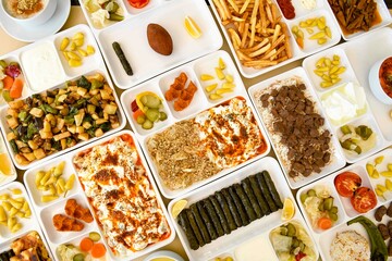 Delicious meat kebab with fresh vegetable salad served with variety of Turkish dishes and appetizers. Top view of assorted Turkish food and meze, tasty and healthy Mediterranean cuisine.