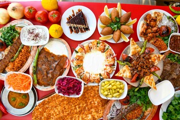 Delicious meat kebab with fresh vegetable salad served with variety of Turkish dishes and appetizers. Top view of assorted Turkish food and meze, tasty and healthy Mediterranean cuisine.