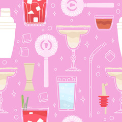 Cocktail bar seamless pattern. Flat style illustration with drinks. Drinks menu design for a bar. Summer pink design. Drawing alcohol drink wallpaper. Summer bar menu, beverage. Vector illustration.