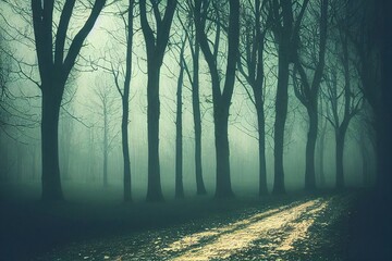 A spooky country path next to a forest and fields in the English countryside on a foggy winters day. With a grunge, artistic, edit