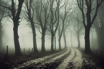 Fototapeta na wymiar A spooky country path next to a forest and fields in the English countryside on a foggy winters day. With a grunge, artistic, edit
