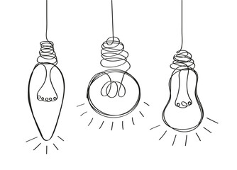Light bulb set vector in line, dodle style. Hand drawn electrical lamps, bulbs. Process of solving, unleashing problems. Brainstorming vector concept.