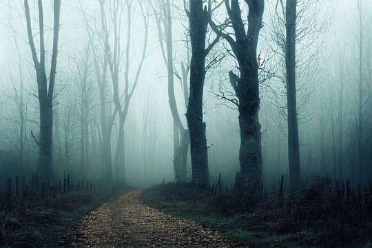 A spooky country path next to a forest and fields in the English countryside on a foggy winters day. With a grunge, artistic, edit