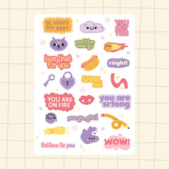 Hand drawn Vector illustrations of Set of Various patches, quotes, elements or stickers with abstract funny cute comic characters for organizer and diaries. Stickers for daily planner and scheduler.
