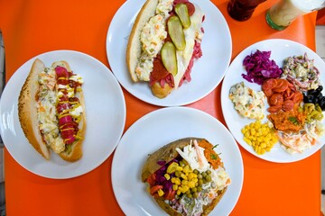 Delicious meat kebab with fresh vegetable salad served with variety of Turkish dishes and appetizers. Top view of assorted Turkish food and meze, tasty and healthy Mediterranean cuisine.