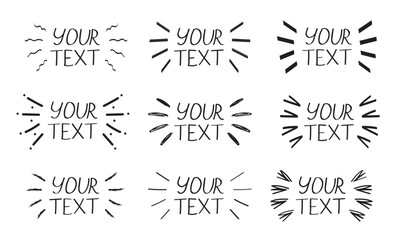Doodle line sunburst template for text. Abstract pencil drawing banner frames vector set. Splash, scribble, artistic illustration