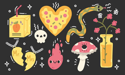 Hand drawn Vector illustrations of Set of Various patches, quotes, elements or stickers with abstract funny cute comic characters for organizer and diaries. Stickers for daily planner and scheduler.