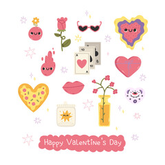 Collection of valentine day hand draw stickers. Valentine day illustration with trendy elements. Set of various feminine elements. Vector hand drawn illustration. Pizza, glasses, vase of flowers