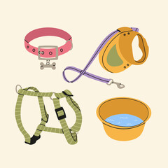 Dog bright hand draw walking kit- leash, collar, harnesses, bowl isolated on white. Vet store concept. Pet stuff set for shop or salon for domestic animals vector illustration
