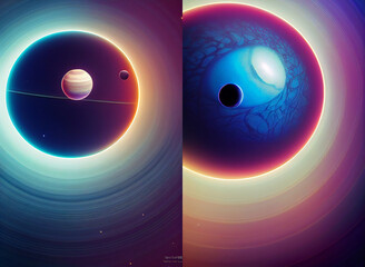 Space composition of planet, yin and yang, neon lights, collection - obrazy, fototapety, plakaty