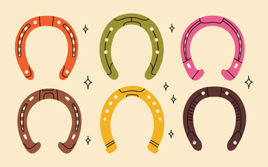 Cowboy western theme wild west concept.Hand drawn colorful vector set. Elements are isolated.Different set of horseshoe. Hand drawn colored flat vector illustration.