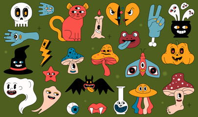 Retro old Cartoon Halloween character set. Groovy trippy creepy figures.