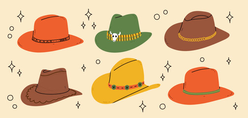 Cowboy western theme wild west concept.Hand drawn colorful vector set. Elements are isolated.Differents Ranch hats. Hand drawn colored flat vector illustration.