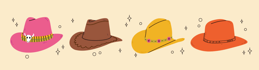 Cowboy western theme wild west concept.Hand drawn colorful vector set. Elements are isolated.Differents Ranch hats. Hand drawn colored flat vector illustration. - obrazy, fototapety, plakaty