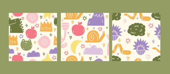 Fototapeta na wymiar A collection of three cutest patterns. Bright patterns for children. Childish patterns with snail, apple, mountain, flower, frog and dinosaur. Background, wallpaper, Wrapping, textile template