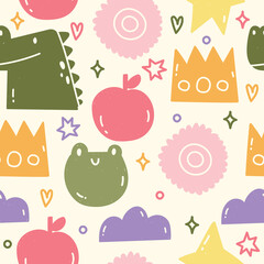 Childish seamless pattern. Bright patterns for children. Childish patterns with apple, flower, frog and dinosaur. Background, wallpaper, Wrapping, textile template
