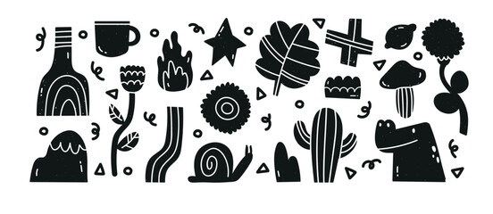 Fototapeta na wymiar Hand draw various strange creatures and objects. Abstract figures. Fictional animals and flowers. Black trendy Vector illustration set. All elements are isolated