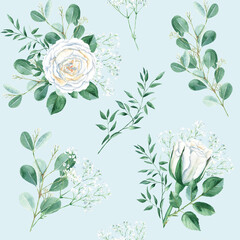 Seamless pattern with white roses, gypsophila, eucalyptus and pistachio branches on blue background. Watercolor illustration. Can be used for wedding prints, gift wrapping paper, backgrounds for