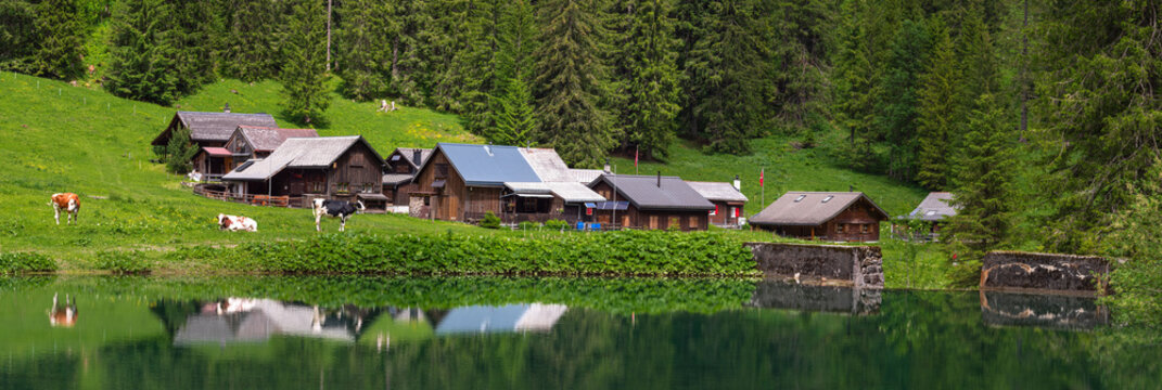 A village of wooden houses in the Oberseetal in the canton of Glarus, Switzerland