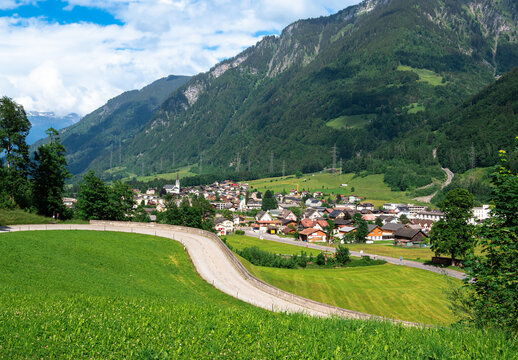 The village of Linthal is located in the upper Linth valley, canton Glarus, Switzerland