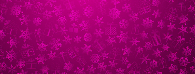 Naklejka na ściany i meble Background made of complex Christmas snowflakes and gift boxes with different patterns, in purple colors