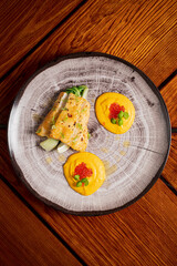 white fish with vegetables and puree