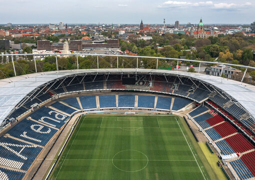 Niedersachsenstadion (known as Heinz-von-Heiden-Arena or HDI-Arena), home stadium for Hannover 96 and cityscape of Hanover, Germany - May 2022