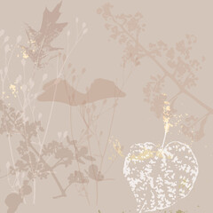 Floral chic background with delicate flowers and botanical elements and touch of gold foil