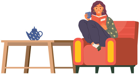 Young woman reading book, sitting on pillows in modern chair. Leisure and education. Relaxation with literature. Girl relaxing at home and drinking coffee. Student reads textbook holds cup in hand