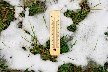 Thermometer showing zero degrees lies on the ground among melting snow and green grass. Soil...