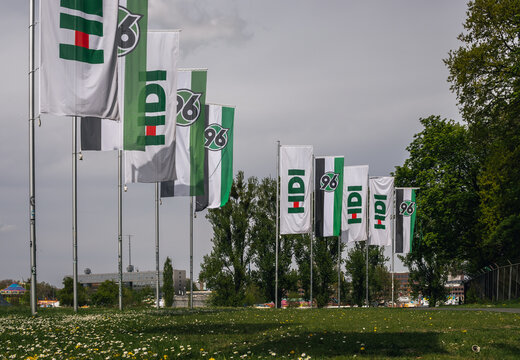 Flags With Hannover 96 And HDI Logo At The Niedersachsenstadion (known As Heinz-von-Heiden-Arena Or HDI-Arena). Hanover, Germany - May 2022