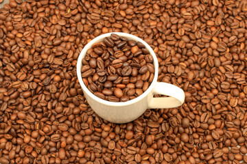 White cup filled with coffee beans on rustic wooden table. Top view. Coffee concept for cafes