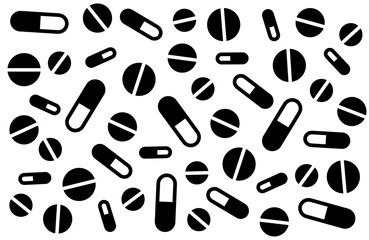 Medicines and pills icons. Antibiotics,  vitamins and capsules of various shapes. Medical background template. Concept of pharmaceuticals, medicines, pharmacy. Isolated black silhouette. Vector 