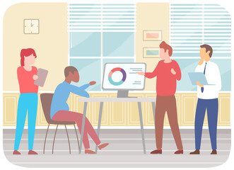 Manager makes presentation of statistical report analysis charts. Planning business. Teamwork consulting for project management, financial reporting and strategy. Data analysis research statistics