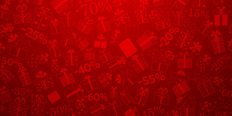 Background of gift boxes with bows and different patterns, and discount percentages, in red colors