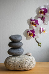Fototapeta na wymiar Stack of gray stones built in tower isolated on white background with white purple orchid flower on long stem